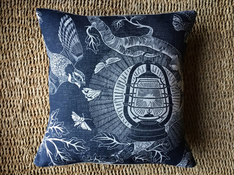 ‘Nightjars’ block-printed linen cushion - Made to Order