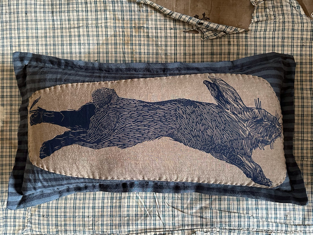 ‘Poached Hare’ block-printed & patched linen cushion - Made to Order