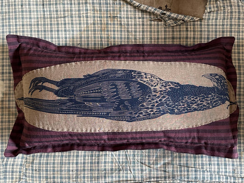 ‘Poached Pheasant’ block-printed & patched linen cushion