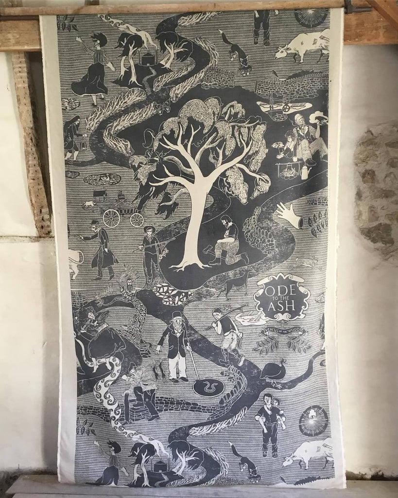 ‘Ode to the Ash’ hand-printed linen in Blue grey
