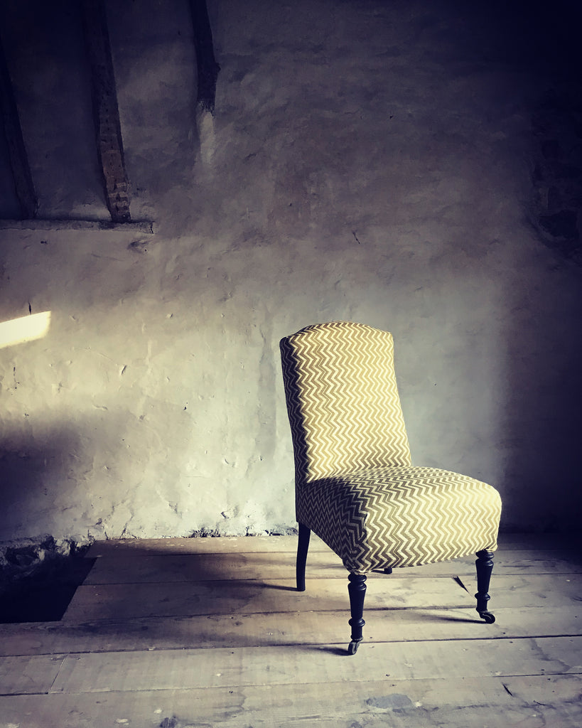 Napoleon III slipper chair in ‘Lyme Bay’ hand-printed linen