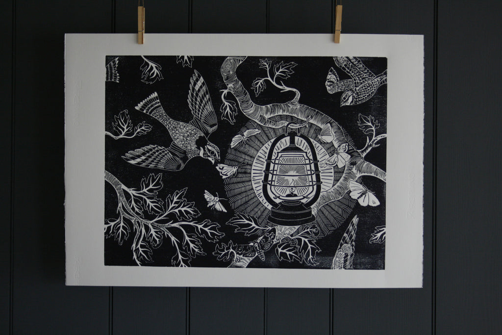 'Nightjars' limited edition block print by Cameron Short at Bonfield Block-Printers