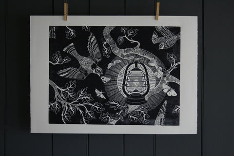 'Nightjars' limited edition block print by Cameron Short at Bonfield Block-Printers