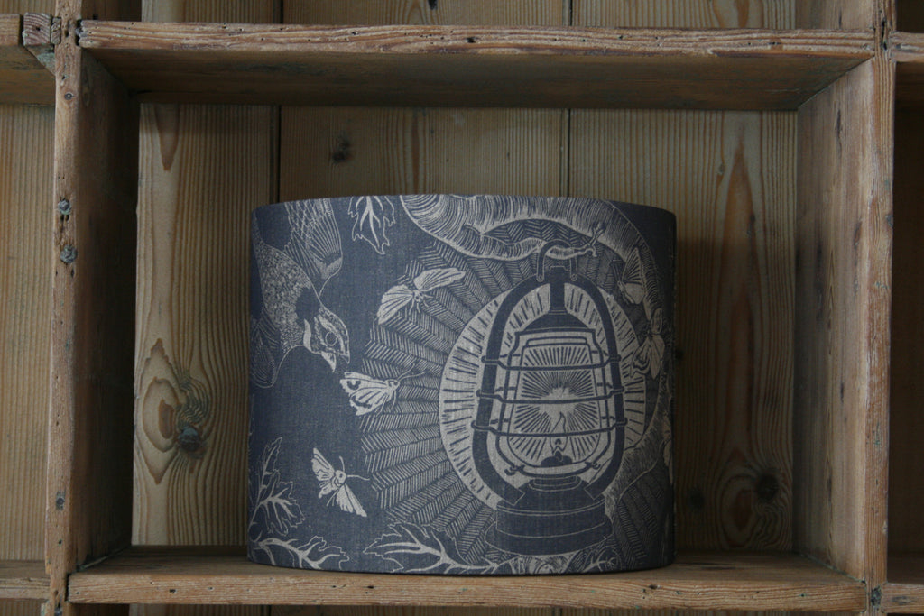 'Nightjars' block-printed lampshade by Cameron Short at Bonfield Block-Printers