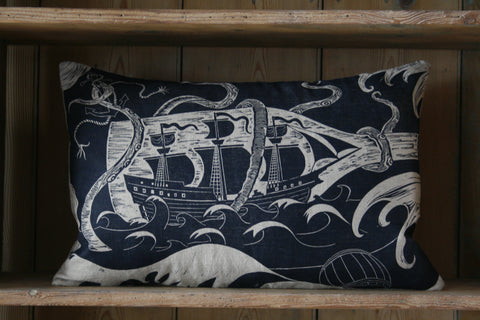 'Ship in a Battle' block-printed cushion